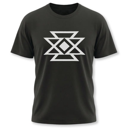 Black t-shirt with white geometric butterfly symbol graphic design.