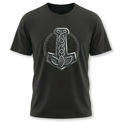Stylized Mjolnir hammer graphic on a black t-shirt, featuring Norse mythology art.