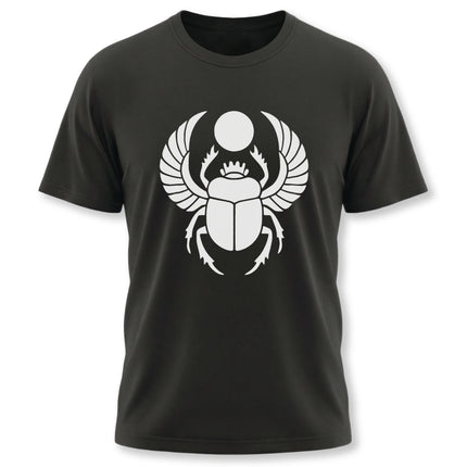 Khepri scarab beetle graphic tee featuring Ancient Egyptian symbolism on a black shirt.