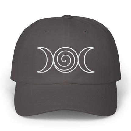 Triple moon goddess symbol embroidered on a dark gray baseball cap.