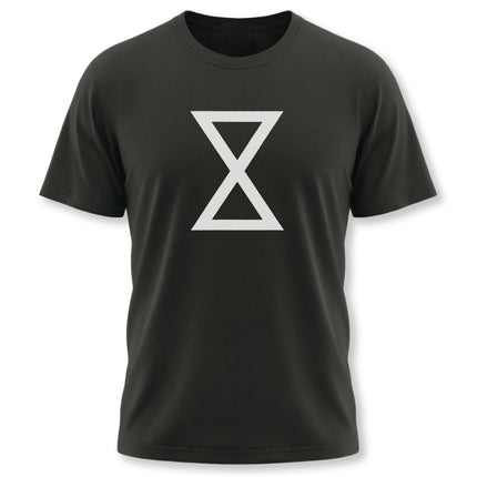 Black t-shirt featuring the white Lakota Kapemni symbol, representing cosmic balance and earth.