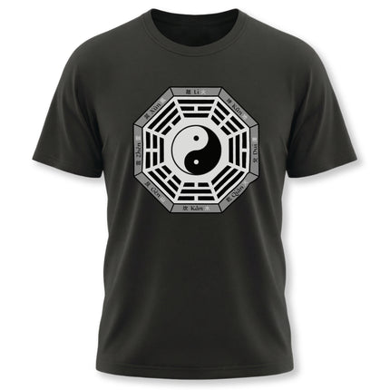 Black t-shirt featuring the Yin Yang symbol and the eight Bagua Trigrams, representing Taoist harmony and balance.