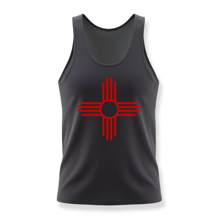 Black tank top featuring the red Zia Sun Symbol, a Southwestern Native American graphic tee.