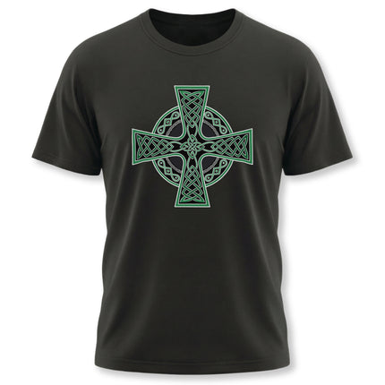 Black t-shirt featuring a detailed green Celtic Cross knotwork design.