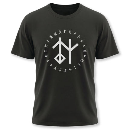 Norse bind rune and Elder Futhark runes graphic on a black t-shirt.