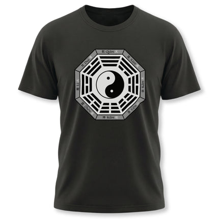 Black t-shirt graphic featuring the Yin Yang symbol and Bagua trigrams, representing cosmic harmony and Eastern philosophy.