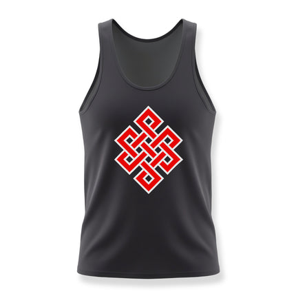 Endless Knot Buddhist symbol graphic on a black spiritual tank top.