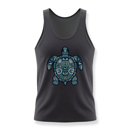 Tribal geometric sea turtle graphic art design on a black tank top.
