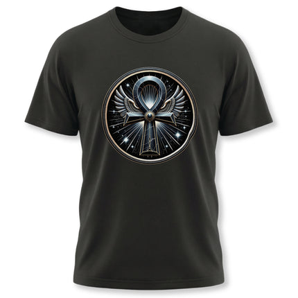 Winged Ankh symbol graphic tee on black shirt, representing ancient Egyptian life and mystery.