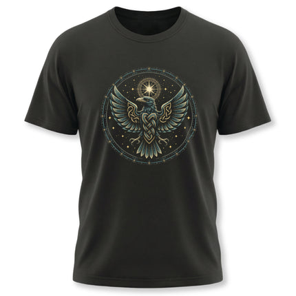 Norse raven graphic tee with Celtic knotwork and celestial compass design.