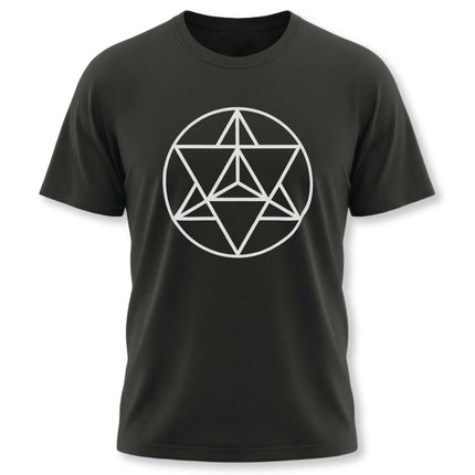 Black graphic tee featuring a white sacred geometry Merkaba symbol.