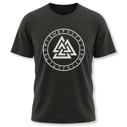 Valknut and Elder Futhark rune circle graphic on a black Norse mythology t-shirt.