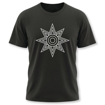 Star of Ishtar geometric symbol on a black t-shirt. Mesopotamian goddess Inanna/Ishtar design.
