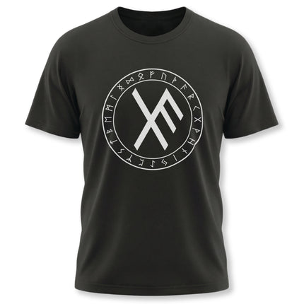 Black t-shirt with white Norse bind rune and Elder Futhark protective sigils.