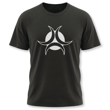Black t-shirt featuring the white Triple Moon Goddess symbol, ideal for pagan, celestial, or witchy apparel.