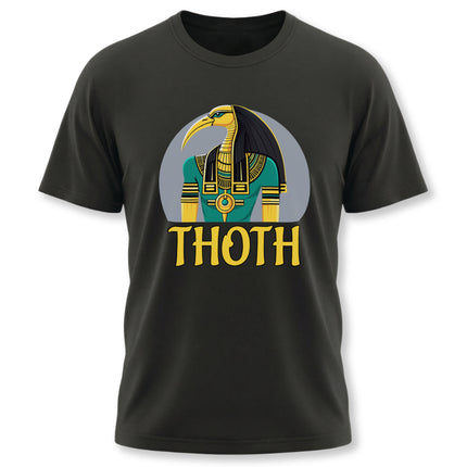 Thoth Egyptian god graphic tee featuring the ibis deity and ancient Egyptian mythology text.