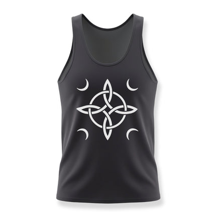 Celestial Celtic knot and crescent moon protection symbol graphic on a black tank top.