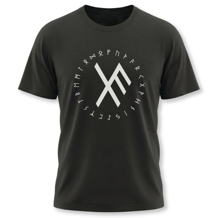 Norse rune t-shirt featuring a bind rune and surrounding Elder Futhark graphic design.