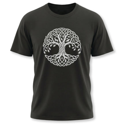 Intricate Celtic Tree of Life graphic on a black t-shirt, featuring Yggdrasil mythology.