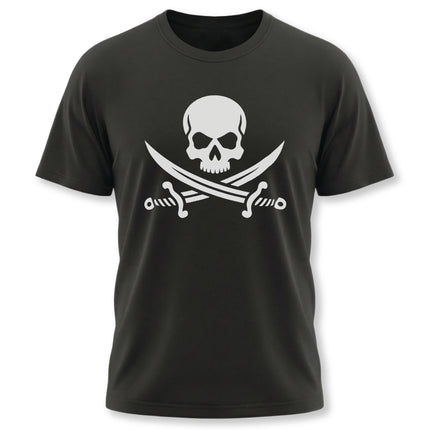 Pirate skull and crossed swords graphic on a black t-shirt.