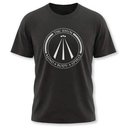 Awen Celtic symbol t-shirt featuring the Mind Body Spirit graphic design.