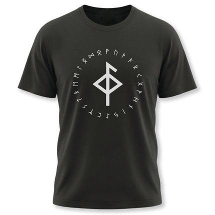 Norse rune t-shirt featuring the Elder Futhark alphabet and a protective Bind Rune sigil.