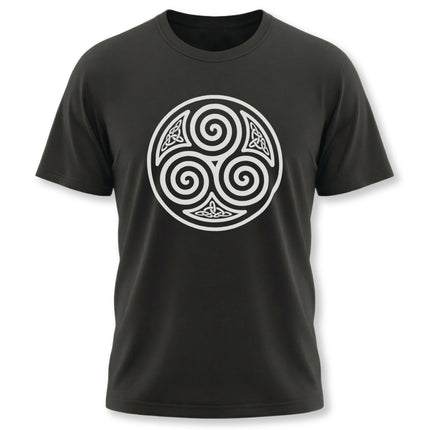 Celtic triskelion knotwork design on a black t-shirt.