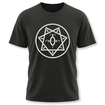 Black t-shirt featuring the Star of Babalon Thelema occult symbol. Graphic tee for magic and esoteric wear.