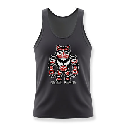 Formline art Sasquatch graphic on a black tank top, featuring Pacific Northwest Indigenous style.
