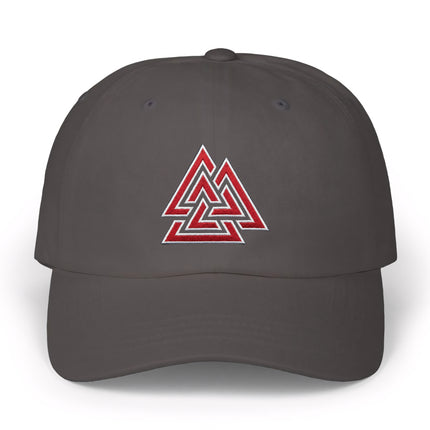 Red Valknut symbol embroidered on a dark gray Norse baseball cap.