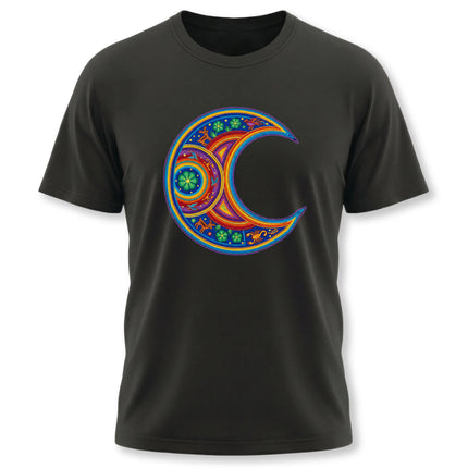 Colorful Huichol art crescent moon mandala graphic tee featuring vibrant Mexican folk art.