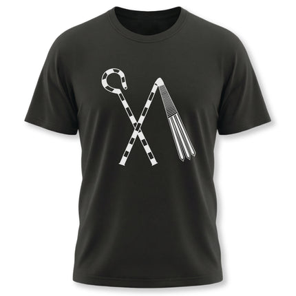 Ancient Egyptian crook and flail symbol graphic tee on a black t-shirt.