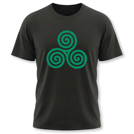 Celtic Triskelion triple spiral design on a black unisex t-shirt.