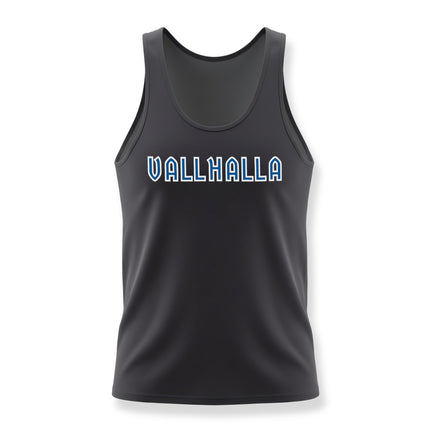 Black Valhalla graphic tank top featuring bold Norse mythology text.