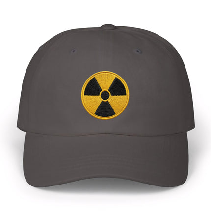 Gray baseball cap featuring embroidered yellow radioactive warning symbol.