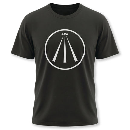 Minimalist black t-shirt featuring the white Awen Celtic symbol graphic.