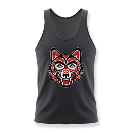 Indigenous formline wolf head art graphic on a black unisex tank top. Pacific Northwest style.