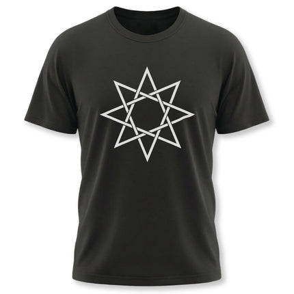 Octagram sacred geometry star symbol on a black unisex graphic tee.