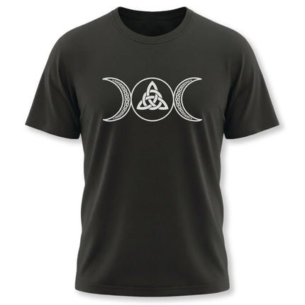 Triple Moon Goddess t-shirt featuring Celtic knotwork and lunar cycle symbol.
