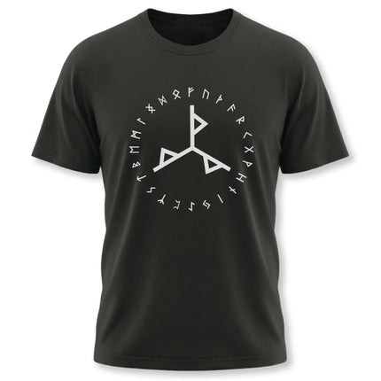 Norse bind rune and Elder Futhark runes graphic on a black unisex t-shirt.