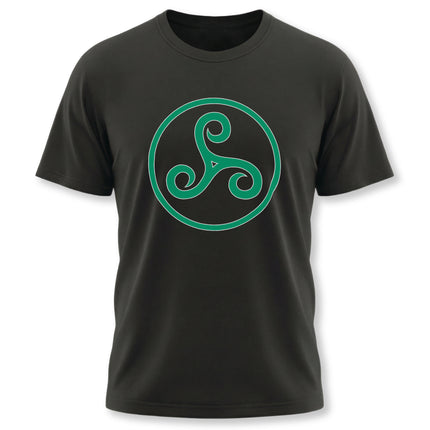 Black t-shirt featuring a green Celtic Triskelion symbol. Triple spiral knotwork design.