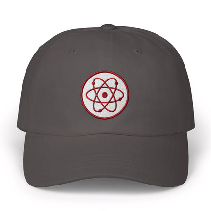 Science themed cap featuring an embroidered atomic symbol design.