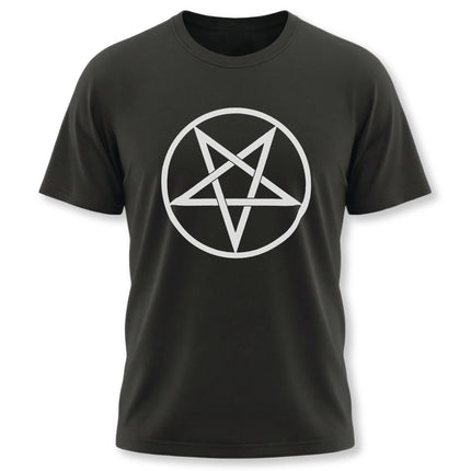 Black graphic tee featuring a white inverted pentagram symbol.