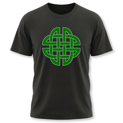 Green Celtic knotwork graphic tee featuring an interwoven shield design on a black t-shirt.