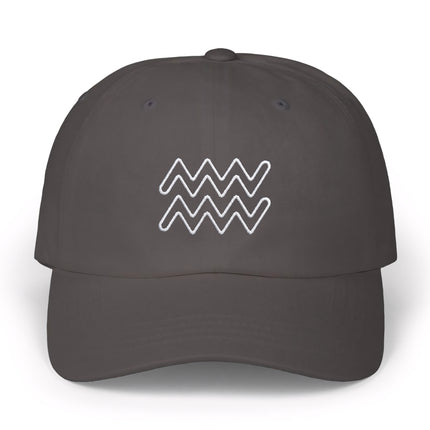 Aquarius zodiac sign embroidered dad cap in charcoal gray.