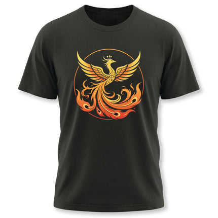 Phoenix rising from flames graphic on a black t-shirt, symbolizing rebirth and renewal.