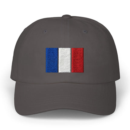 Black baseball cap with embroidered French tricolor flag design.