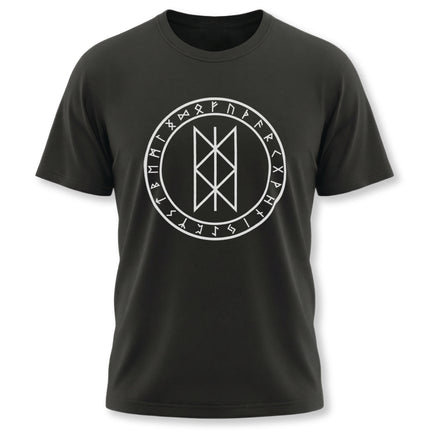 Norse Web of Wyrd rune circle graphic tee on a black unisex t-shirt.