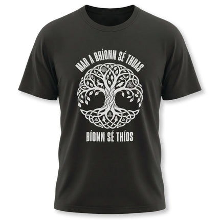 Celtic Tree of Life t-shirt graphic with Gaelic text, symbolizing cosmic connection and Norse mythology.