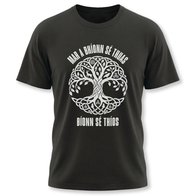 Celtic Tree of Life t-shirt graphic with Gaelic text, symbolizing cosmic connection and Norse mythology.